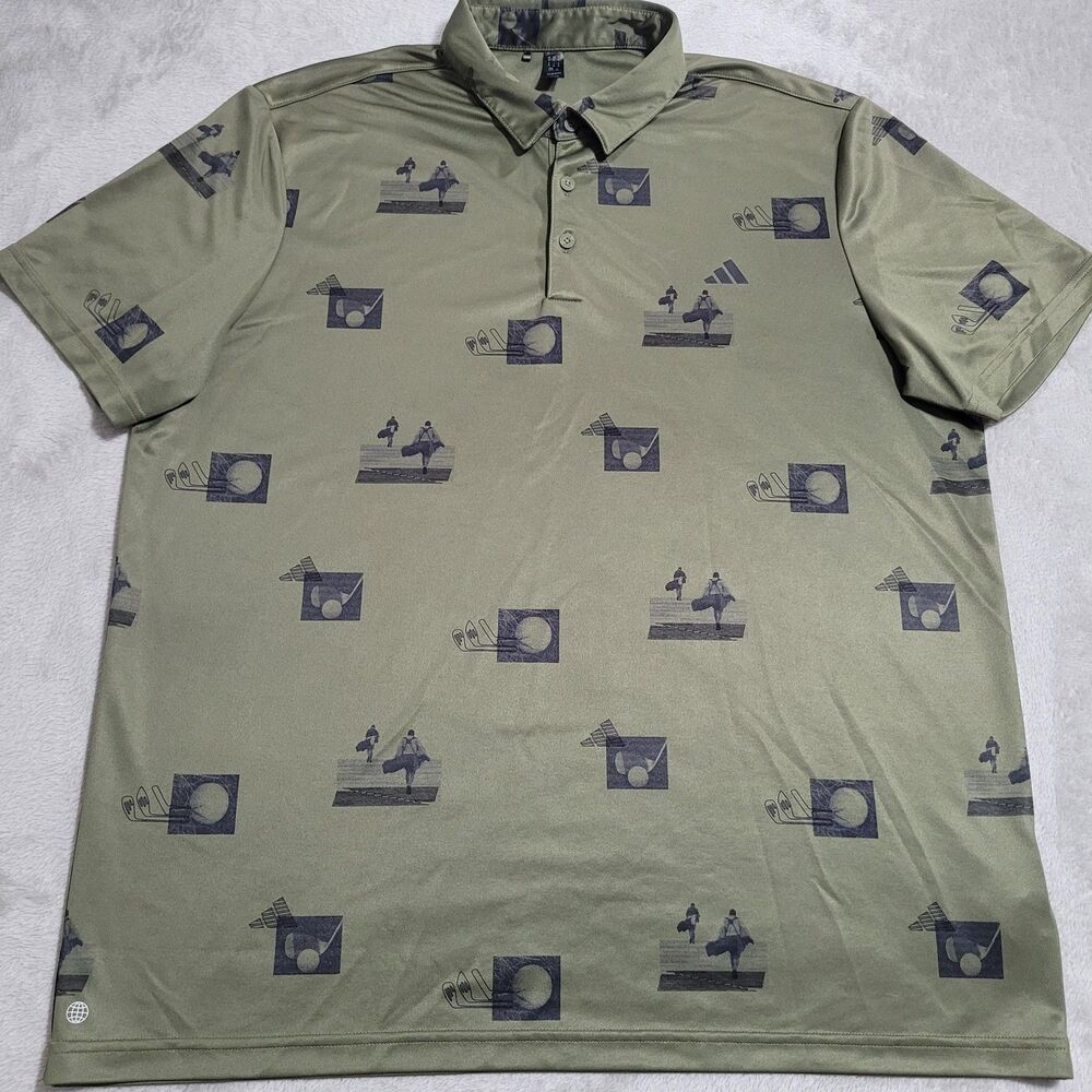 Adidas Polo Shirt Mens XL Green Golf Graphic Print Performance Moisture Wicking
